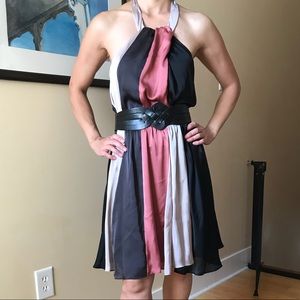 Silky mauve, platinum, black tritone halter dress.